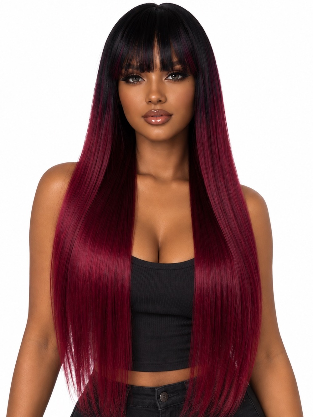 Long Straight Wig with Blunt Bangs - Burgundy Ombre 26 inches long